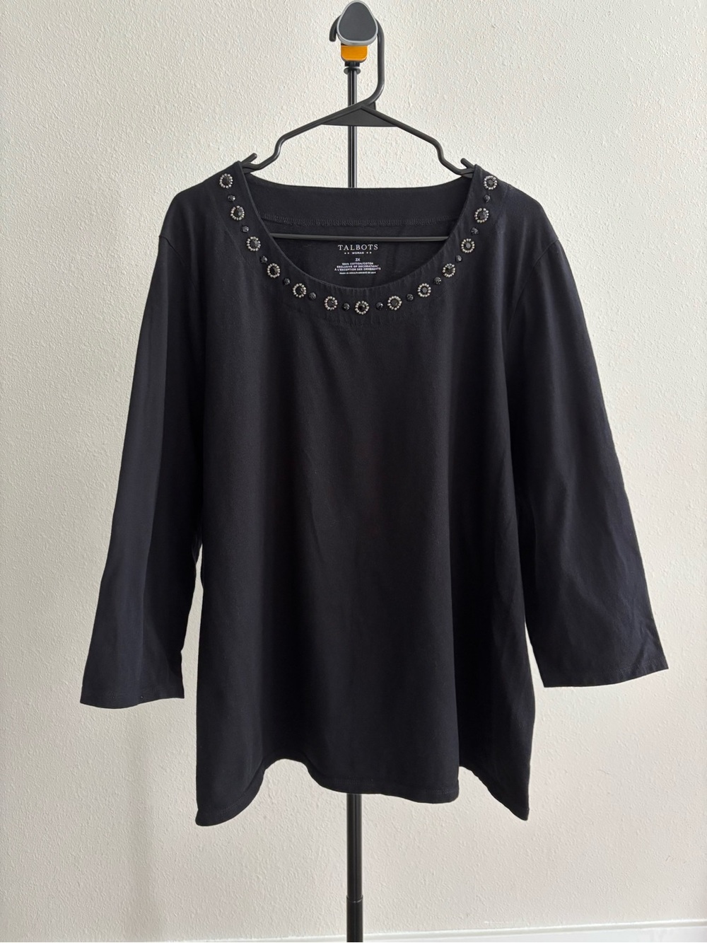 Talbots Woman 3X Black Top Long Sleeve Jeweled Beaded Embellished Neckline